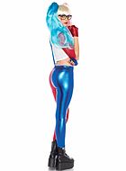 Harley Quinn, costume top and leggings, suspenders, red and blue